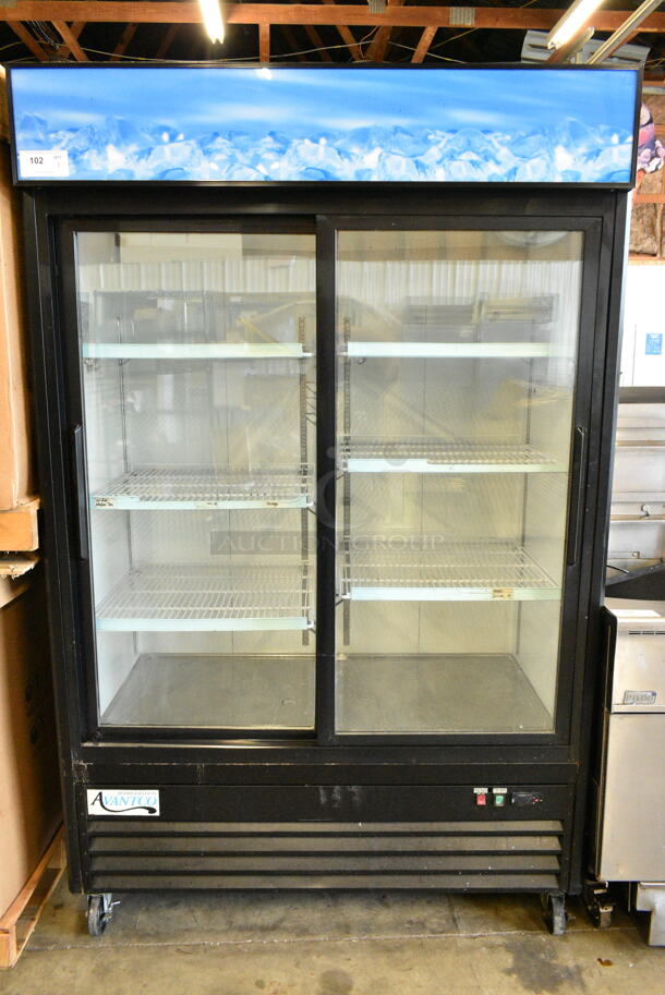 Avantco 178GDS47HCB Metal Commercial 2 Door Reach In Cooler Merchandiser w/ Poly Coated Racks on Commercial Casters. 115 Volts, 1 Phase. Tested and Powers On But Does Not Get Cold - Image 1 of 7