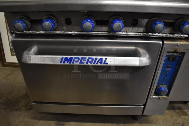 Imperial Stainless Steel Commercial Natural Gas Powered 6 Burner Range w/ Convection Oven, Over Shelf and Back Splash on Commercial Casters. 36x32x56 - Image 6 of 9