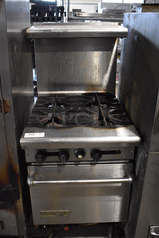 American Range Stainless Steel Commercial Natural Gas Powered 4 Burner Range w/ Oven, Over Shelf and Back Splash. 