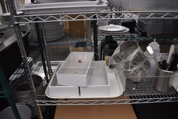 ALL ONE MONEY! Lot of 5 Tiers of Various Smallwares Including White Ceramic Plates, Scale, Utensils, Cutting Boards, Cash Drawers. Does Not Include Shelving Unit - Image 6 of 9
