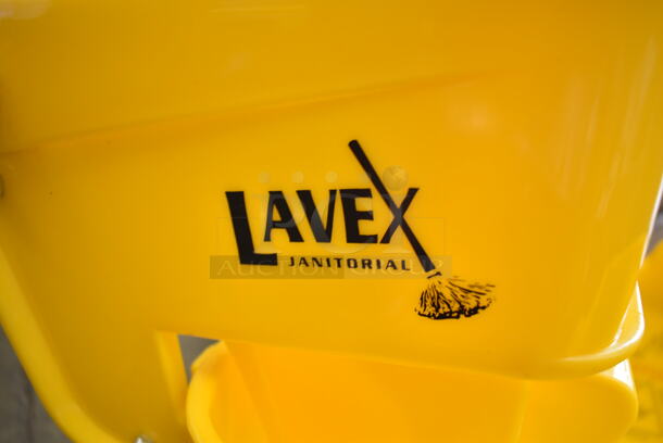 Lavex Yellow Poly Mop Bucket w/ Wringing Attachment and Commercial Casters.  - Image 5 of 5