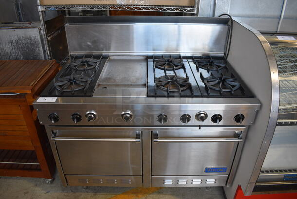 Viking Stainless Steel Commercial Natural Gas Powered 6 Burner Range w/ Center Flat Top Griddle, 2 Ovens and Backsplash. 48x30x50