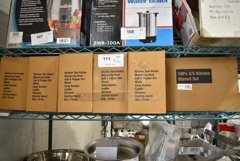 6 BRAND NEW IN BOX! F-KS-S510 Stainless Steel Utensil Set; Kitchen Tool Holder, Measuring Bowl, Salt and Pepper Set, Whisk, 2 Way Grater, Ladle, Skimmer, Basting Spoon, Slot Turner. 6 Times Your Bid! 