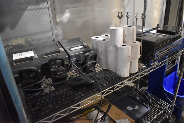 ALL ONE MONEY! Tier Lot of Various Items Including 3 Epson Receipt Printers, 3 Barcode Scanners, Receipt Paper, Keyboard, FortiGate Console and Rack Units - Image 1 of 7