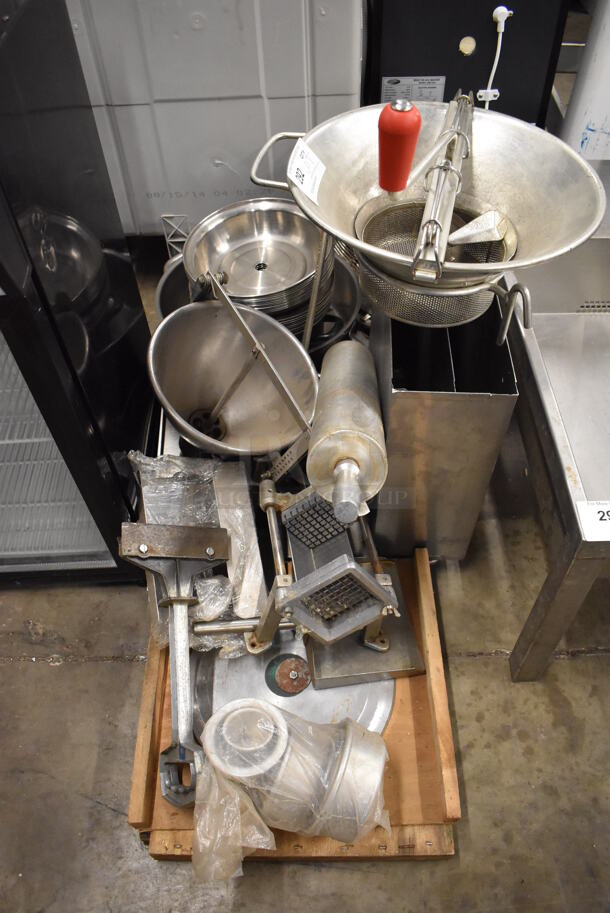 ALL ONE MONEY! Lot of Various Metal Items Including Rolling Pin, Sifter, Dome Lids, Blade, Scraper and Fry Cutter - Image 1 of 4