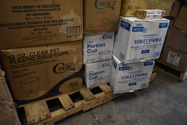 PALLET LOT of 35 BRAND NEW! Boxes Including 2 Box 5002TPSELHC Lavex Select Toilet Paper, 2 Choice 0.75 oz Portion Cups, 500CC12 Choice Clear PET Customizable Plastic Cold Cup - 12 oz. - 1000/Case, Foam Hinged Lid Containers, 612509LCO Choice 9" Round Standard Weight Foil Take-Out Pan with Board Lid - 200/Case, 130HKCL1M Visions Clear Heavy Weight Plastic Knife - Case of 1000, 395TO961 EcoChoice 9" x 6" x 3" Compostable Sugarcane / Bagasse 1 Compartment Take-Out Container - 200/Case, 124EM199 American Metalcraft 1" Stainless Steel Number Mini Table Tents - 1 to 99, Choice Flat Lid Hinged Deli Container, 1330DSSUF Plastic Deli Saddle Bag, Ziploc Sacs. 35 Times Your Bid! - Image 2 of 7