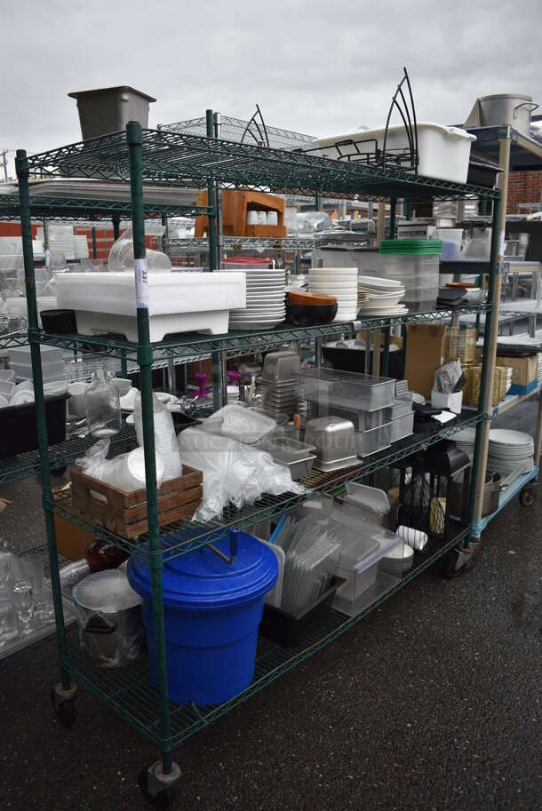 ALL ONE MONEY! Lot of Green Finish 4 Tier Shelving Unit on Commercial Casters w/ All Contents Including Stainless Steel Drop In Bins, White Ceramic Dishes, Blue Poly Lettuce Spinner, Poly Lids. BUYER MUST DISMANTLE. PCI CANNOT DISMANTLE FOR SHIPPING. PLEASE CONSIDER FREIGHT CHARGES. 72x21x69