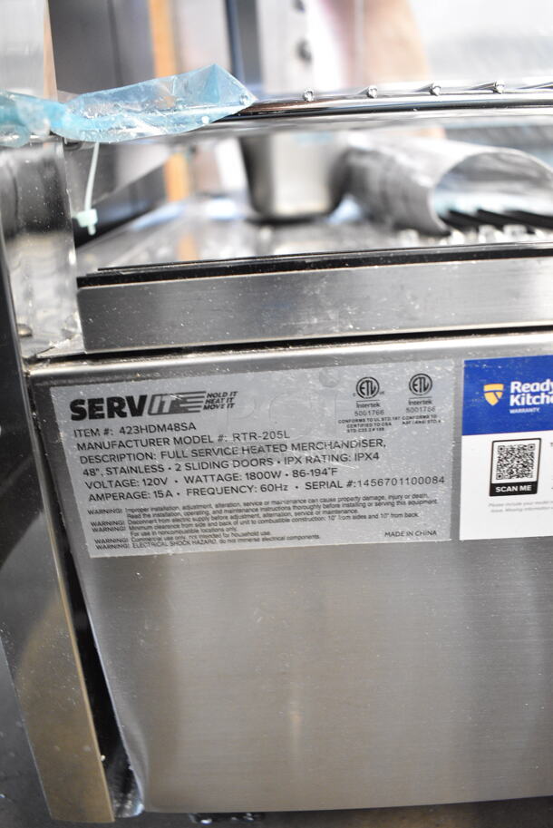 BRAND NEW SCRATCH AND DENT! ServIt 423HDM48SA Stainless Steel Commercial 48" Self / Full Service 3 Shelf Countertop Heated Display Case with Sliding Doors. See Pictures For Broken Glass. 120 Volts, 1 Phase. Tested and Working! - Image 7 of 7