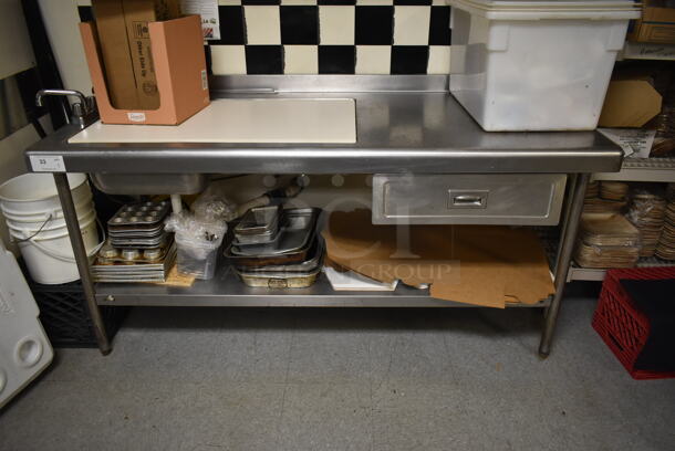 Stainless Steel Commercial Table w/ Faucet, Handles, Back Splash, Drawer and Under Shelf. Does Not Include Contents. BUYER MUST REMOVE. (dish room)