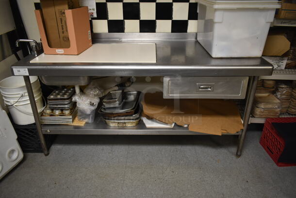 Stainless Steel Commercial Table w/ Faucet, Handles, Back Splash, Drawer and Under Shelf. Does Not Include Contents. BUYER MUST REMOVE. (dish room) - Image 1 of 6