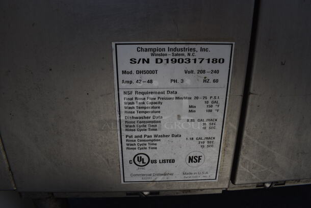 Champion Model DH5000T Stainless Steel Commercial Straight Pass Through Dishwasher. 208-240 Volts, 3 Phase. 35x28x69 - Image 3 of 5