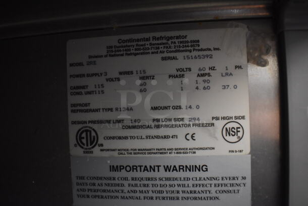 Continental 2RE Stainless Steel Commercial 2 Door Reach In Cooler on Commercial Casters. 115 Volts, 1 Phase. 57x34x82. Tested and Working! - Image 3 of 5
