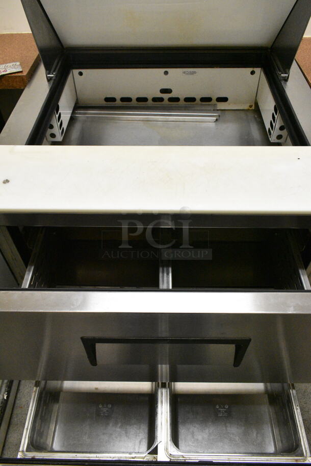 True TFP-32-12M-D-2 Stainless Steel Commercial Sandwich Salad Prep Table Bain Marie Mega Top w/ 2 Drawers. 115 Volts, 1 Phase. This Unit Was In Working Condition When the Restaurant Closed. (kitchen entryway) - Image 3 of 7