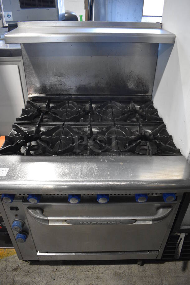 Imperial Stainless Steel Commercial Natural Gas Powered 6 Burner Range w/ Convection Oven, Over Shelf and Back Splash. 36x38x57