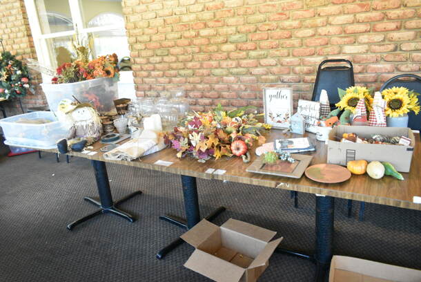 3 Wood Pattern Tables w/ Contents Including Decorations, Glasses. 3 Times Your Bid! (booth room)  - Image 2 of 11