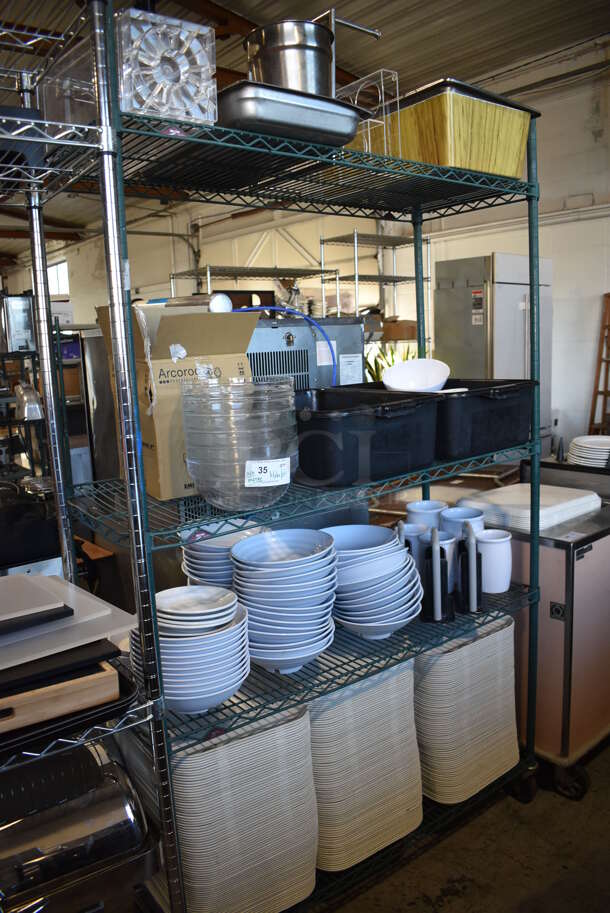 ALL ONE MONEY! Lot of 4 Tiers Worth of Various Items Including Poly Bowls, Poly Plates, Glass Bowls and Poly Food Trays. Does Not Include Shelving Unit. - Image 1 of 9