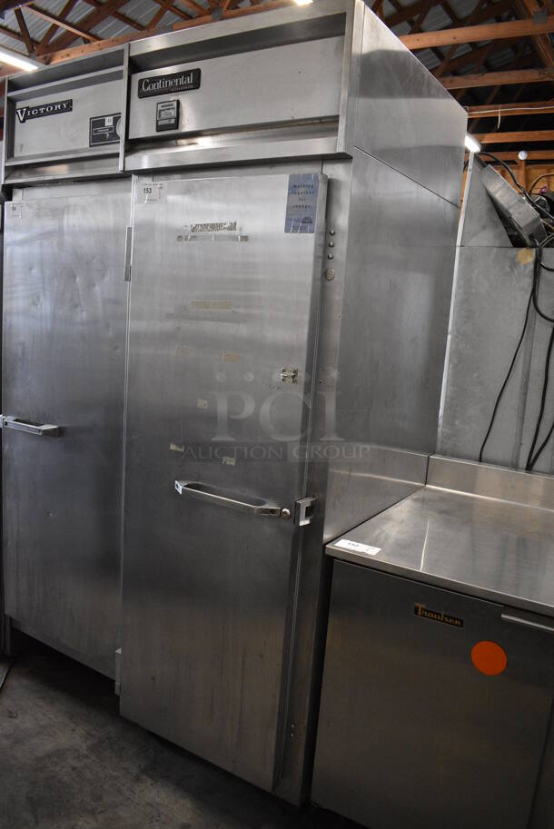 Continental 1R-SS Stainless Steel Commercial Single Door Reach In Cooler w/ Poly Coated Racks on Commercial Casters. 115 Volts, 1 Phase. 26x34x82. Tested and Powers On But Does Not Get Cold