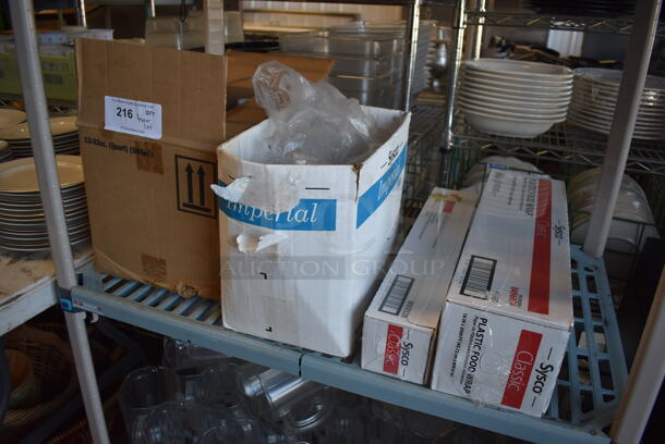 ALL ONE MONEY! Tier Lot of Various Items Including Sysco Plastic Food Wrap, Suma Dilac Cleaner Bottles and Poly Spoons - Image 2 of 7