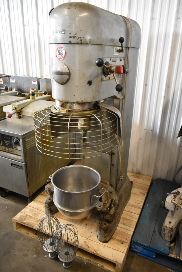 Hobart M802 Metal Commercial Floor Style 80 Quart Planetary Dough Mixer w/ Bowl Guard, Bowl Adapter, Mixing Bowl and 2 Whisk Attachments. 200 Volts, 3 Phase. 