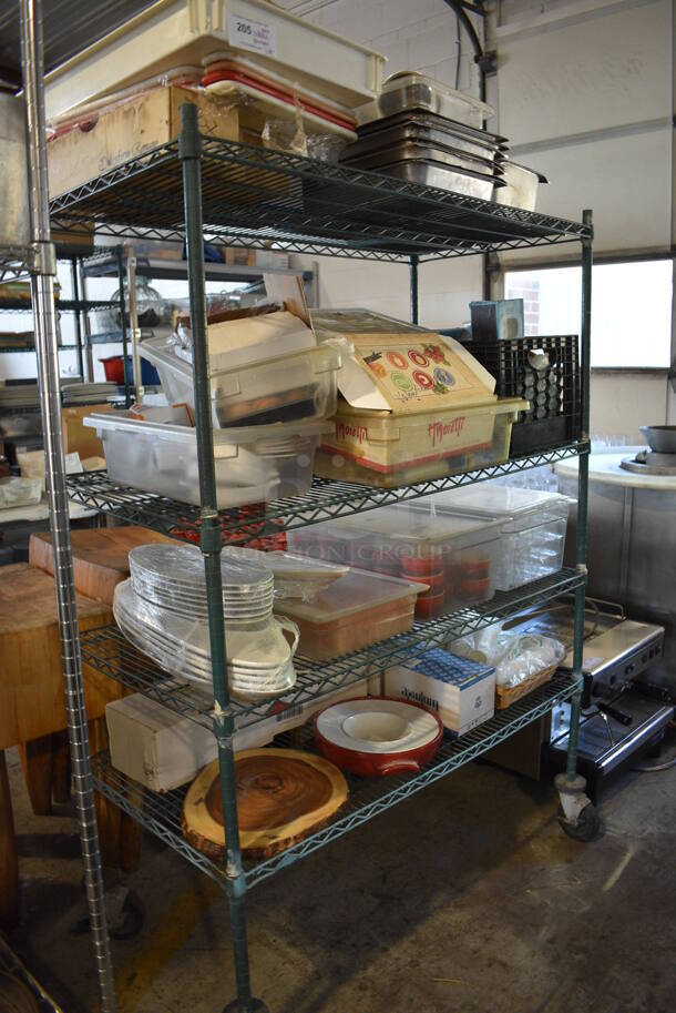 ALL ONE MONEY! Metro Lot of 4 Tiers of Various Items Including Ceramic Dishes, Stainless Steel Drop In Bins and Cutting Boards. Does Not Include Metro Shelving Unit