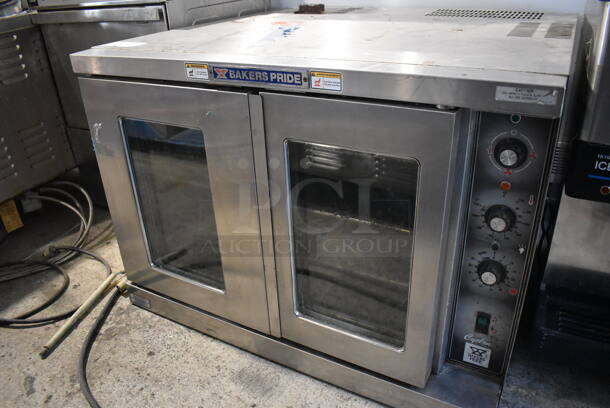 Bakers Pride 454BCOER2 Stainless Steel Commercial Electric Powered Full Size Convection Oven w/ View Through Doors, Metal Oven Racks and Thermostatic Controls. Missing Door Handles. 208 Volts, 1/3 Phase. 38x38x27