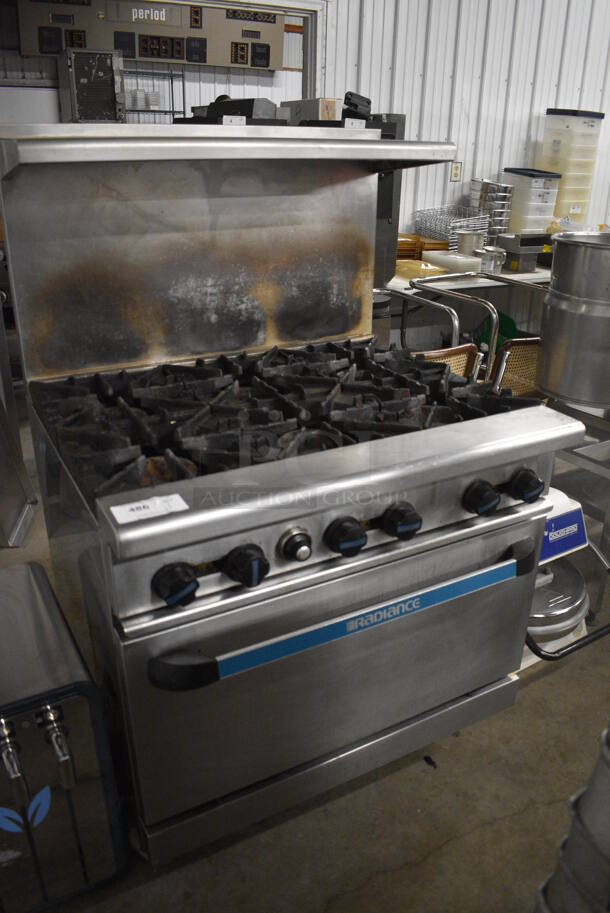 Radiance Stainless Steel Commercial Natural Gas Powered Floor Style 6 Burner Range w/ Oven, Over Shelf and Back Splash on Commercial Casters. 36x32x57 - Image 2 of 7