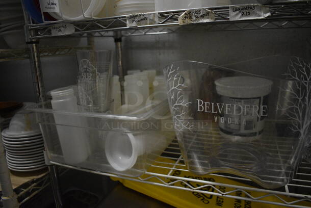 Chrome Finish 4 Tier Shelving Unit w/ Contents Including Poly Containers, Stainless Steel Bins and Stock Pot. 48x18x74. BUYER MUST REMOVE. BUYER MUST DISMANTLE. PCI CANNOT DISMANTLE FOR SHIPPING. PLEASE CONSIDER FREIGHT CHARGES. (kitchen) - Image 6 of 12
