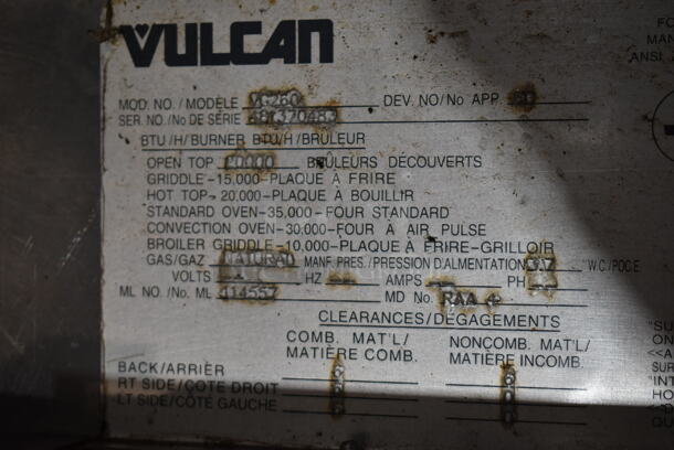 Vulcan VG260 Stainless Steel Commercial Natural Gas Powered 6 Burner Range w/ Right Side Flat Top Griddle, 2 Ovens, Over Shelf and Back Splash on Commercial Casters.   - Image 11 of 11