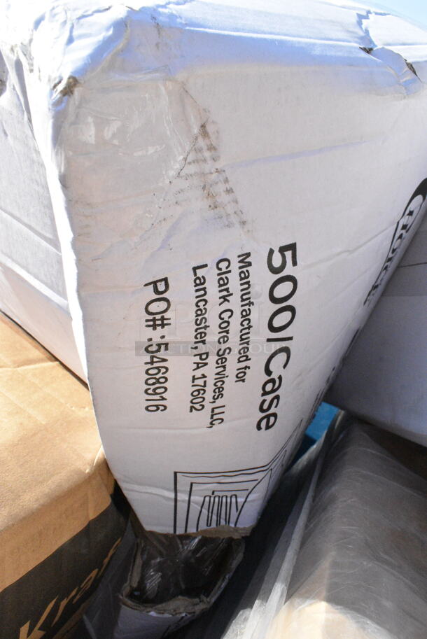 25 BRAND NEW Boxes Including Dart 60HT1 White Foam Hinged Lid Container 6" x 6" x 3" - 500/Case, 760PCC20 20 oz. Compostable PLA Paper Cold Cup, 200HD25-EO Choice 1/6 Standard Size Black Unprinted Embossed Heavy-Duty Plastic T-Shirt Bag, Gill BASE00151, 347TNYMRG2 Visions 2 oz. Clear Plastic Mini Margarita Glass - 120/Case. 25 Times Your Bid!  - Image 7 of 12