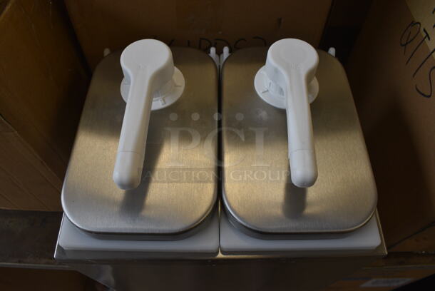 Servsense Stainless Steel Countertop Condiment Rail w/ 2 White Poly Drop Ins and 2 Pump Lids. 9.5x8x10 - Image 2 of 4