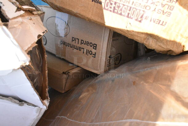 25 BRAND NEW Boxes Including Dart 60HT1 White Foam Hinged Lid Container 6" x 6" x 3" - 500/Case, 760PCC20 20 oz. Compostable PLA Paper Cold Cup, 200HD25-EO Choice 1/6 Standard Size Black Unprinted Embossed Heavy-Duty Plastic T-Shirt Bag, Gill BASE00151, 347TNYMRG2 Visions 2 oz. Clear Plastic Mini Margarita Glass - 120/Case. 25 Times Your Bid!  - Image 9 of 12