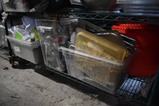 ALL ONE MONEY! Tier Lot of Various Items Including Poly Bins, Utensils and Ecolab Cleaning Jugs