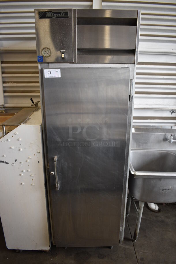 Migali Model R-24-ST Stainless Steel Commercial Single Door Reach In Cooler. 115 Volts, 1 Phase. 25x33x79. Tested and Powers On But Does Not Get Cold.