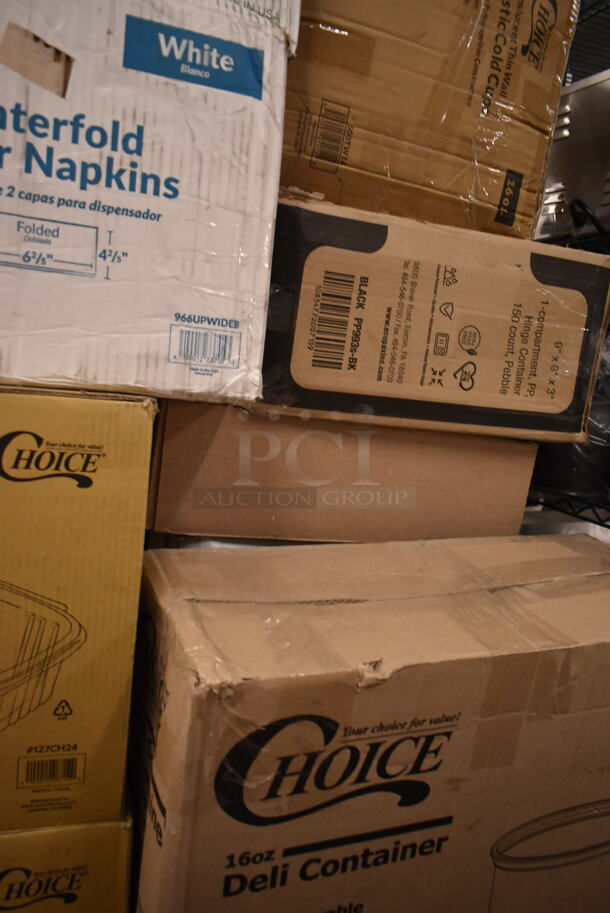 PALLET LOT of 26 BRAND NEW Boxes Including 966TALLFLDN Choice Kraft Natural Tall-Fold 6" x 13" Dispenser Napkin - 8000/Case, 966UDEB oneUp Napkins, 3 Boxes 127CH24 Choice 24 oz. Clear RPET Hinged Deli Container - 200/Case, 795PTOKFT2 Choice 7 3/4" x 5 1/2" x 2" Kraft Microwavable Folded Paper #2 Take-Out Container - 200/Case, 4 Box Lavex Jumbo Toilet Paper, Acopa Pepper Mill, 500TW16 Choice 16 oz. Translucent Tall Thin Wall Plastic Cold Cup - 1000/Case, 2 Box 1504381M Carnival King 6" x 3/4" x 6 1/2" Large Foil Hamburger / Sandwich Bag - 1000/Case. 26 Times Your Bid! - Image 11 of 11