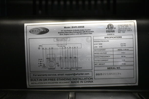 BRAND NEW SCRATCH AND DENT! Whynter BWR-308SB 15 inch Built-In 33 Bottle Undercounter Stainless Steel Wine Refrigerator Merchandiser. 115 Volts, 1 Phase. Tested and Working! - Image 5 of 5