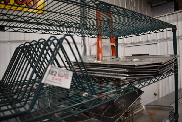 ALL OLNE MONEY! Tier Lot of Various Items Including 12 Stainless Steel Full Size Drop In Bin Lids and 2 Green Finish Racks