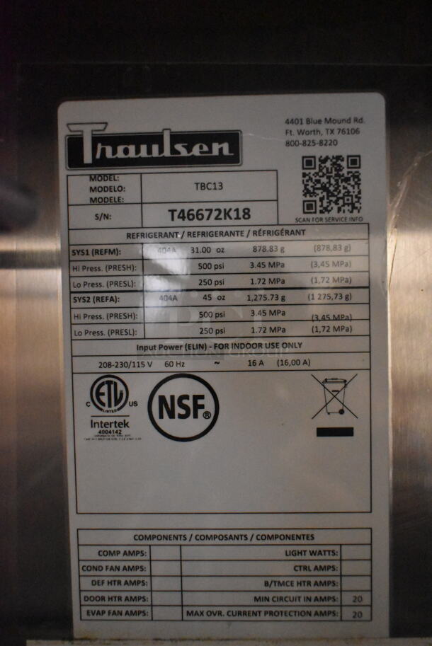 2018 Traulsen TBC13 Stainless Steel Commercial Blast Chiller w/ 2 Probes. 115/208-230 Volts, 1 Phase.  - Image 7 of 7