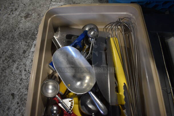 ALL ONE MONEY! Lot of Various Utensils Including Blue Poly Ice Scoop in Holder, Scoopers and Whisk in Tan Poly Full Size Drop In Bin! - Image 3 of 3