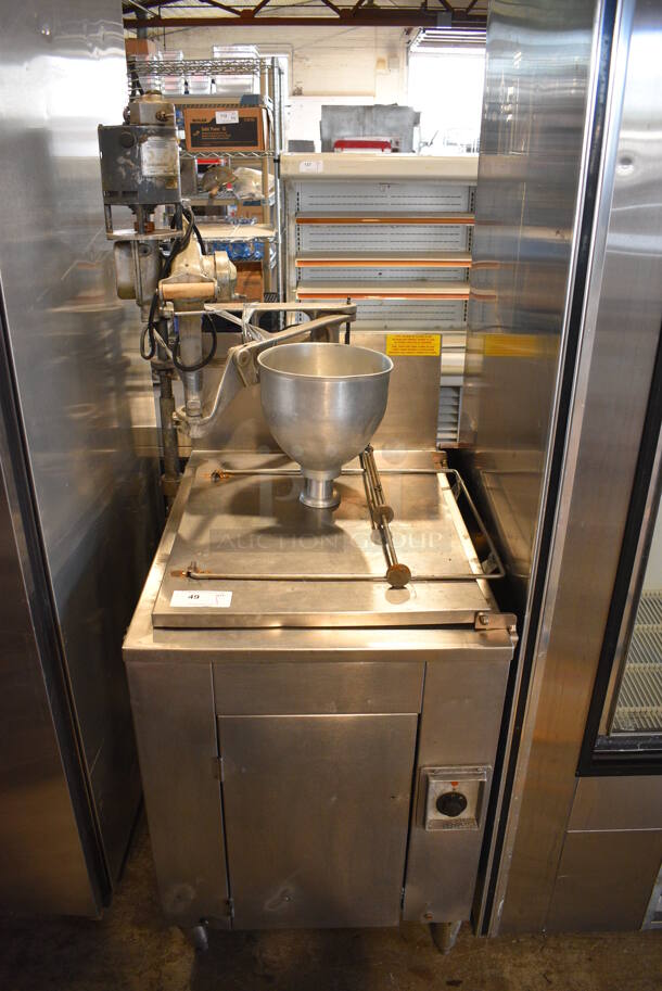 Stainless Steel Commercial Floor Style  Natural Gas Powered Donut Fryer w/ Belshaw Type F Metal Commercial Electric Powered Dough Dropper, Hopper and Plunger. 50,000 BTU. 31x36x69