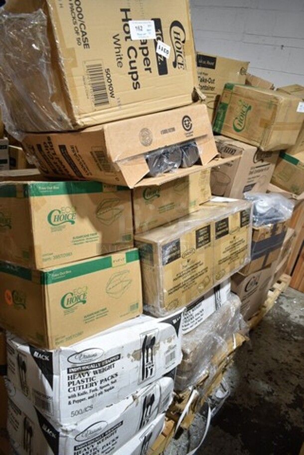PALLET LOT of 25 BRAND NEW Boxes Including 50010W Choice 10 oz. White Poly Paper Hot Cup - 1000/Case, 500L1020B Choice Black Hot Paper Cup Travel Lid for 10-24 oz. Standard Cups and 8 oz. Squat Cups - 1000/Case, 3 Box 395TO961 EcoChoice 9