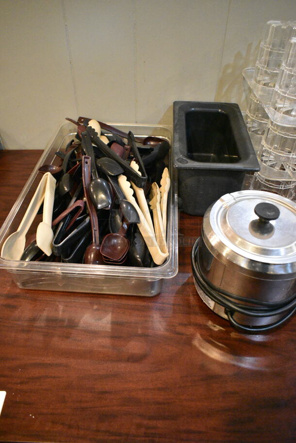 Wood Pattern Dining Height Table w/ Contents Including Utensils, Cups, Poly Cylindrical Drop Ins, Pie Cutters. (main dining room) - Image 4 of 4