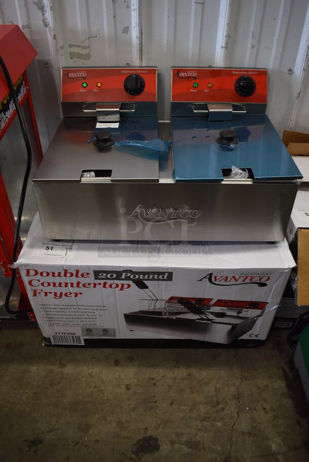 BRAND NEW IN BOX! Avantco 177F102 Stainless Steel Commercial Countertop Electric Powered 2 Bay Fryer w/ 2 Metal Baskets and 2 Lids. 24x16.5x12 - Image 5 of 7
