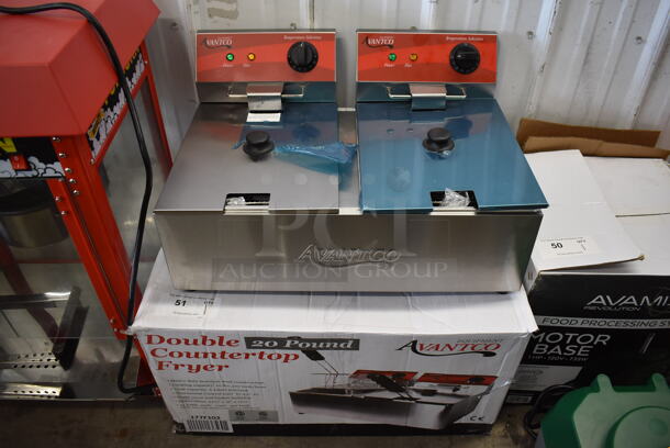 BRAND NEW IN BOX! Avantco 177F102 Stainless Steel Commercial Countertop Electric Powered 2 Bay Fryer w/ 2 Metal Baskets and 2 Lids. 24x16.5x12 - Image 6 of 7