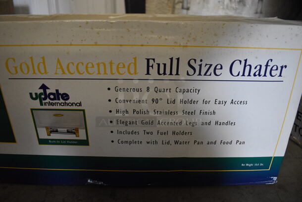 4 BRAND NEW IN BOX! Update Stainless Steel Gold Accented Chafing Dish w/ Drop In and Lid. 4 Times Your Bid! - Image 3 of 3