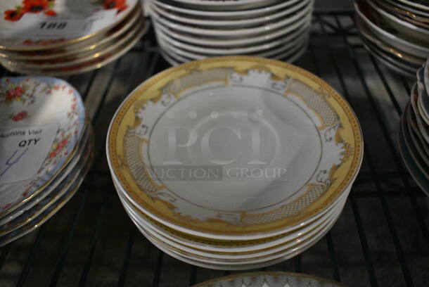 6 White Ceramic Saucers w/ Gold Pattern on Rim. 5.75x5.75x1. 6 Times Your Bid!