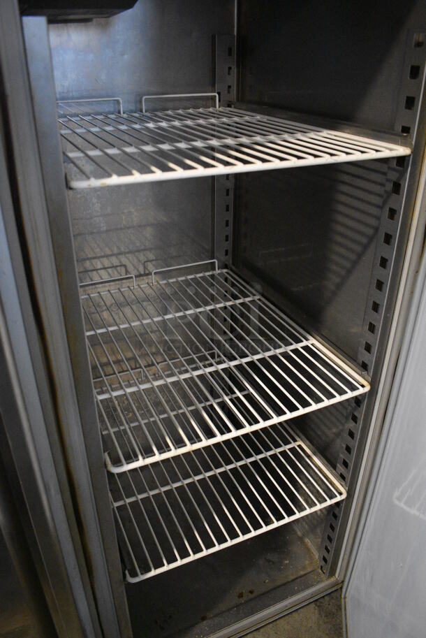 CustomCool Stainless Steel Commercial 2 Door Reach In Cooler w/ Poly Coated Racks on Commercial Casters. 115 Volts, 1 Phase. 55.5x32x80. Tested and Powers On But Temps at 52 Degrees - Image 5 of 5