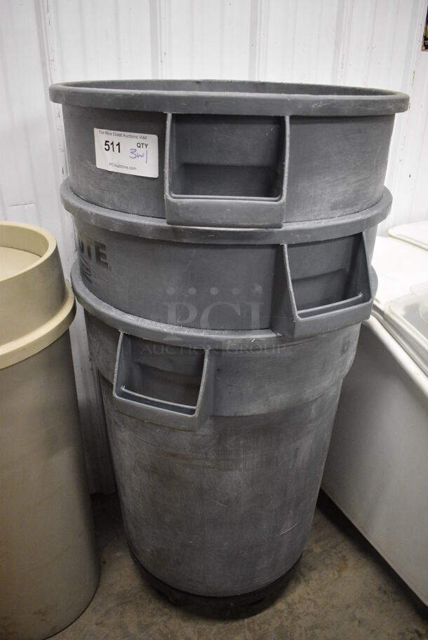 3 Rubbermaid Brute Gray Poly Trash Cans on 1 Trash Can Dolly. 25x22x27. 3 Times Your Bid!