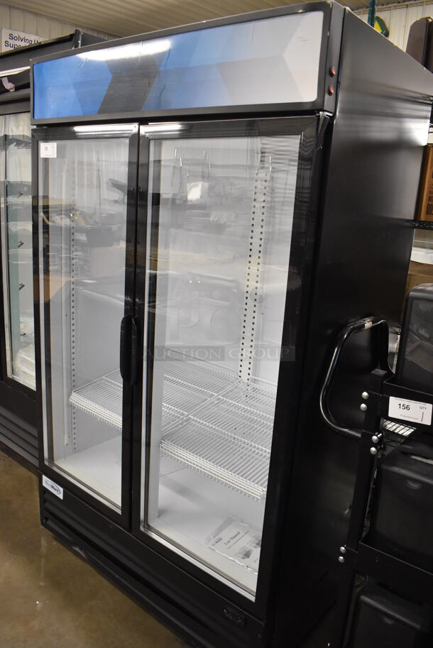 BRAND NEW SCRATCH AND DENT! KoolMore MDR-2GD-42C Metal Commercial 2 Door Reach In Cooler Merchandiser w/ Poly Coated Racks. Right Top Door Hinge Is Broken. 115 Volts, 1 Phase. 47x29x80. Tested and Working! - Image 1 of 7