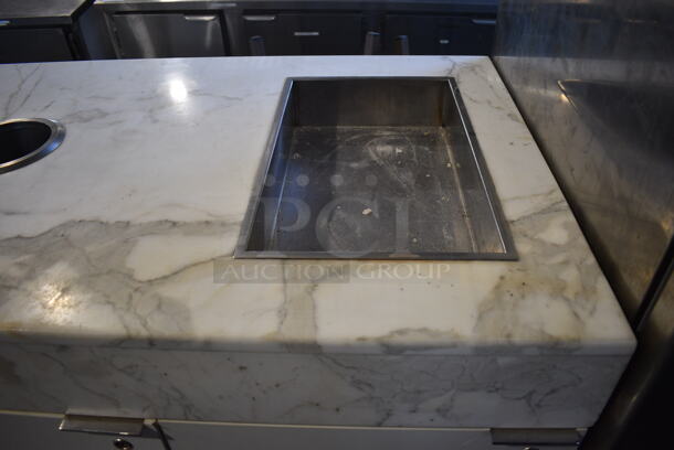 White Cabinet w/ Stone Countertop, 2 Trash Deposit Holes, 3 Doors and 2 Trash Cans on Commercial Casters. 60x30x42 - Image 3 of 7