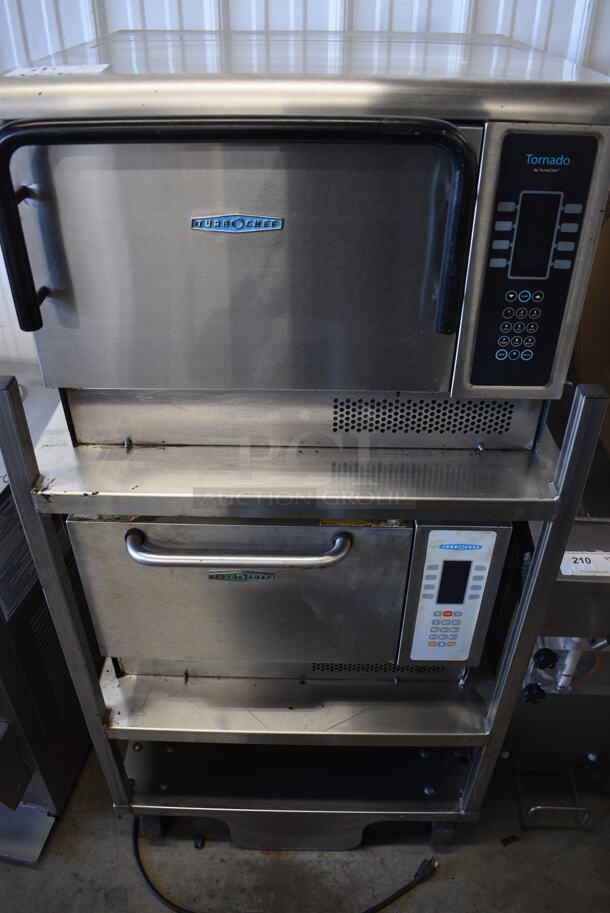 2 Turbochef Model NGCD6 Tornado Stainless Steel Commercial Countertop Electric Powered Rapid Cook Ovens on Stainless Steel Commercial 2 Tier Equipment Stand on Commercial Casters. 208/240 Volts, 1 Phase. 30x30x60. 2 Times Your Bid!